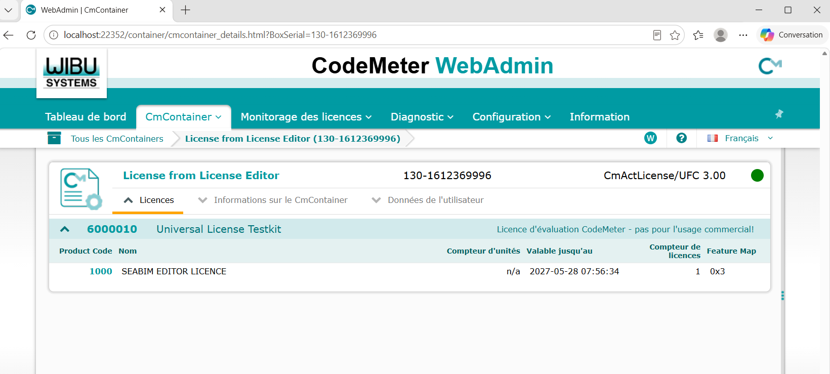 Informations de licence dans WebAdmin