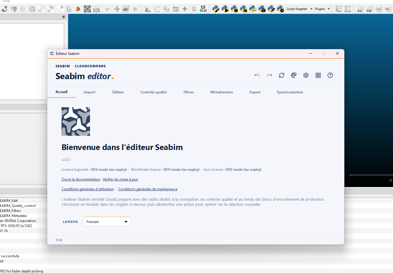 launcher SEABIM Editor après chargement (onglets visibles)
