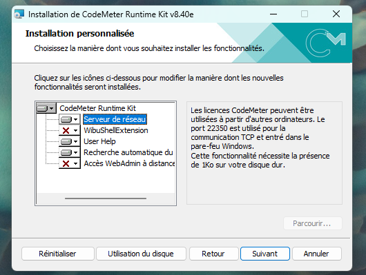 Assistant CodeMeter - serveur de réseau sélectionné